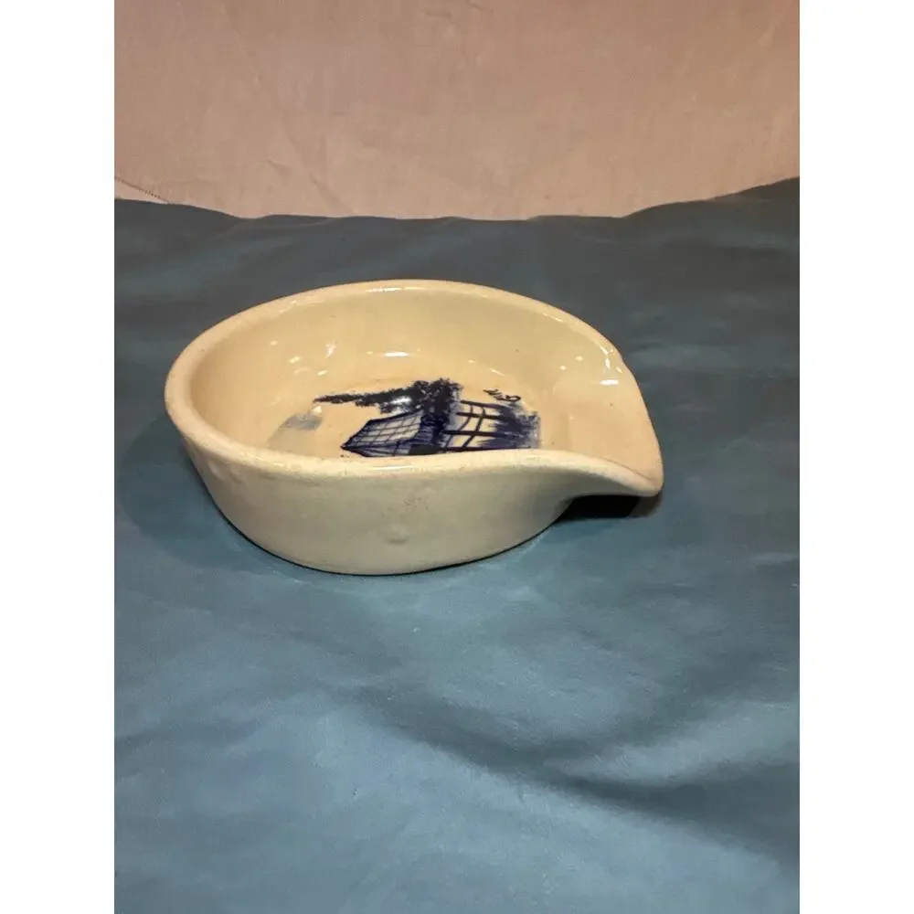 Vtg PR Storie Pottery Marshall Texas Ceramic Spoon Rest Blue Barn Cabin Signed